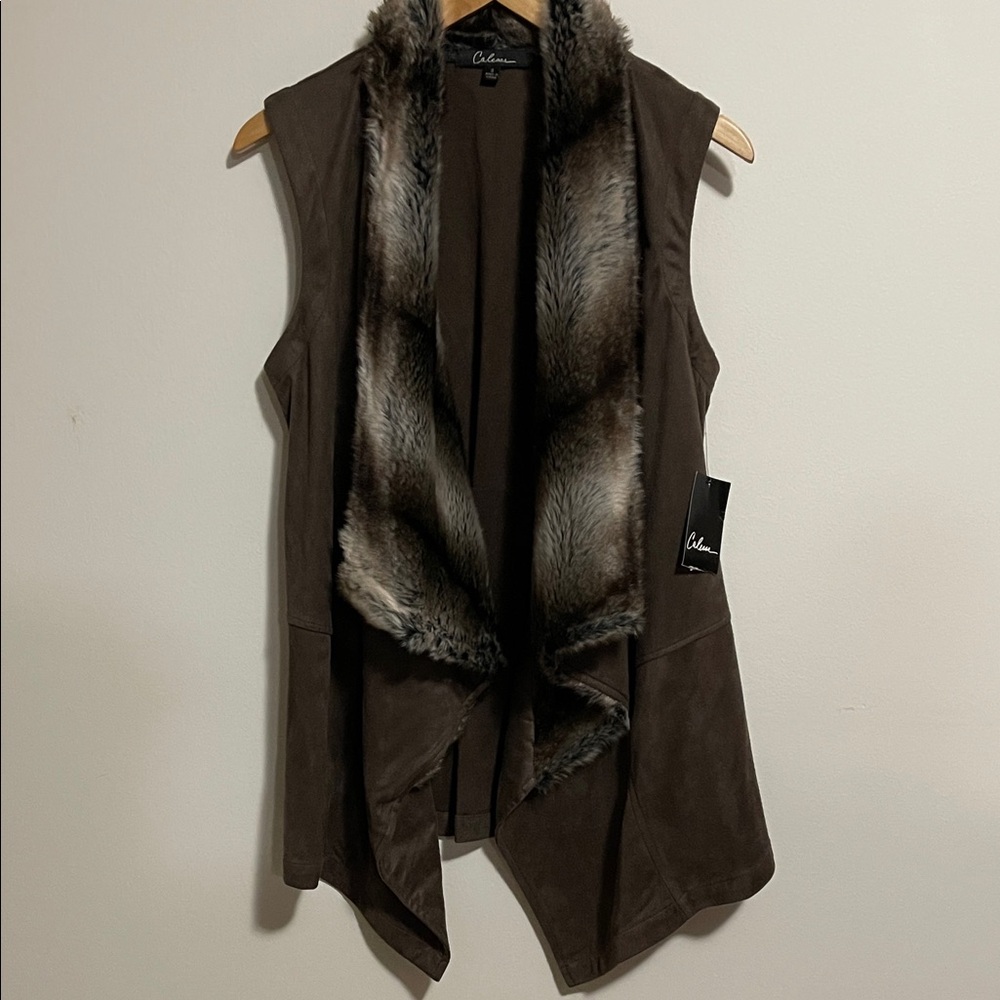 Calessa Ladies Elegant Brown Vest with Faux Fur Trim SZ S   NWT
